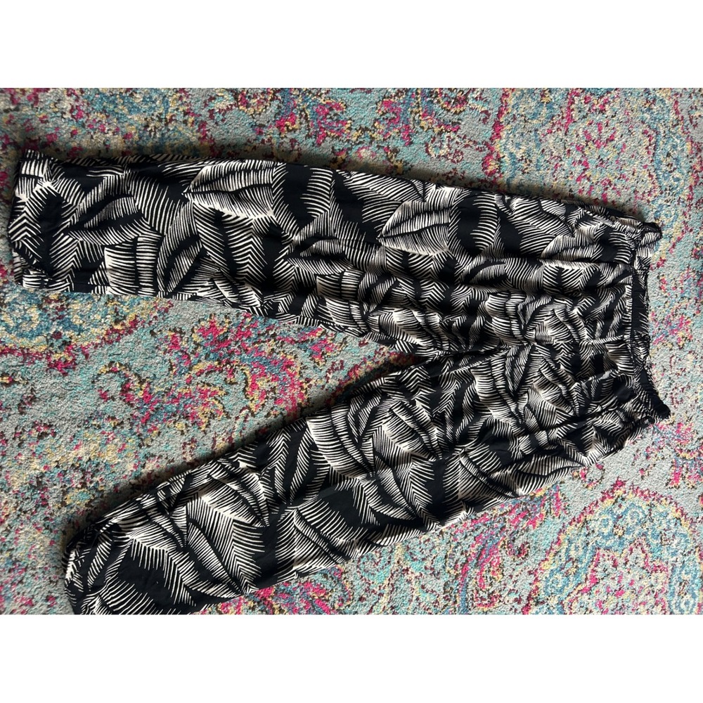 Volcom True To This Black White Palm Print Elastic Waist Viscose Pants‎ Womens L